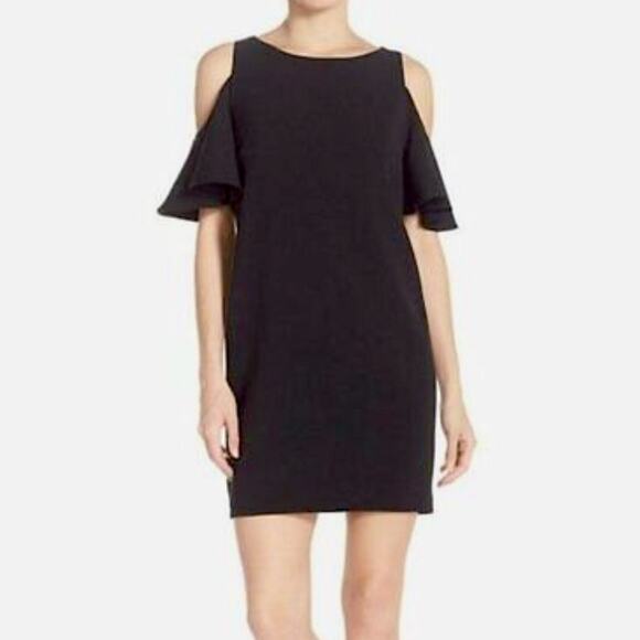 Chelsea28 Small Black Cold-Shoulder Ruffle Short Sleeve Shift Mini Dress - Picture 1 of 8